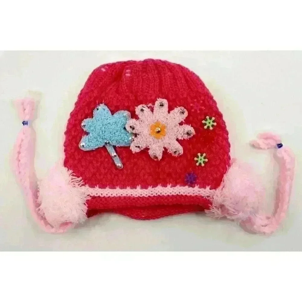 HAND knitted girl hat with knitted applique with beads for 3-6 year old. NEW.